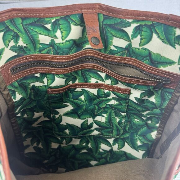 Tropical Banana Palm Leaf Canvas Leather Safari Backpack Bag Medium Green Brown main image 15